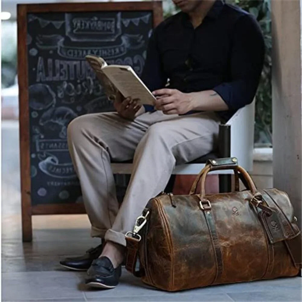 Men's Leather Duffle Bag Full Grain Leather Travel Bag, 20 inch